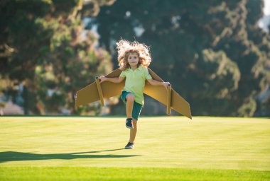 Çocuk karton kanatlarla oynuyor. Yaz tarlasında bir çocuk. Çocuklar seyahat ve tatil konsepti. Hayal gücü ve özgürlük kavramı. Sahadaki kanatlı çocuk pilotu ve uçmayı hayal ediyor.