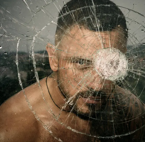 Macho Man Glasscutter Crushed Glass Sexy Hispanic Tattooed Man Broken — Stock Photo, Image