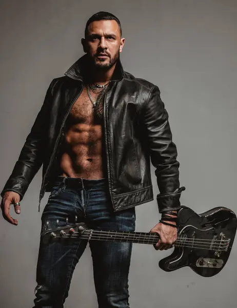 Rock Party Muscular Athletic Sexy Male Guitar Confident Handsome Brutal — Stock Photo, Image