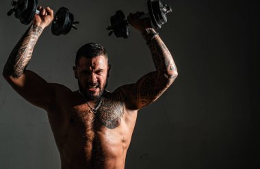 Dambılla egzersiz yapan kaslı adam. Sportif adam çalışıyor. Kaslı, çıplak erkek gövdesi. Güç ve motivasyon. Yakışıklı atletik iri kıyım. Güçlü vücut geliştirici, güçlü pazıları ve göğsü var.