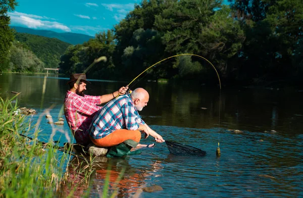 Men Fishing Relaxing While Enjoying Hobby Fishing Freshwater Lake Pond — Stock Photo, Image