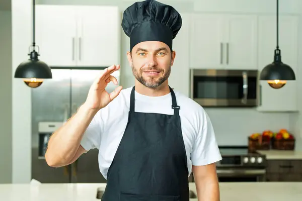 Chef Cook Sign Delicious Food Portrait Chef Man Chef Cap — Stock Photo, Image