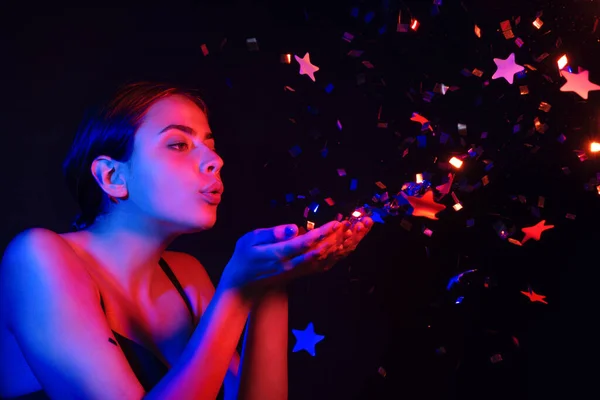 Sexy Woman Blowing Confetti Beautiful Young Woman Birthday Valentines Day — Stock Photo, Image