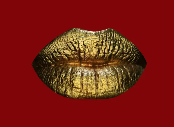 Lüks Altın Dudaklar Makyaj Altın Rujlu Altın Dudaklar Seksi Kızın — Stok fotoğraf