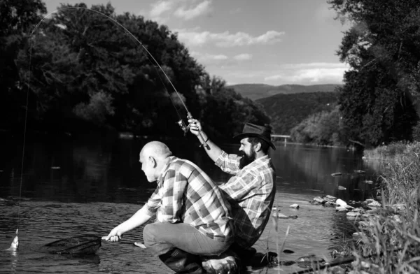 Two Men Friends Fisherman Fishing River Old Father Son Rod — Stock Photo, Image