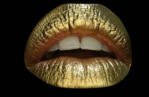 Glänsande Lyxig Mun Guldläppar Guldfärg Från Munnen Gyllene Läppar Kvinnlig — Stockfoto