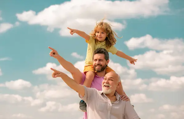 Father Son Grandfather Excited Pointing Finger Hand Gestures Point Happy — Stock Photo, Image