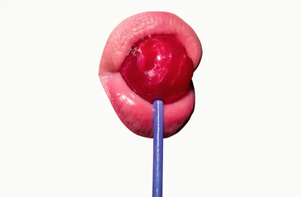Zmysłowe Czerwone Usta Nadrukiem Cukierka Czerwony Lizak Ustach Projekcie Artystycznym — Zdjęcie stockowe
