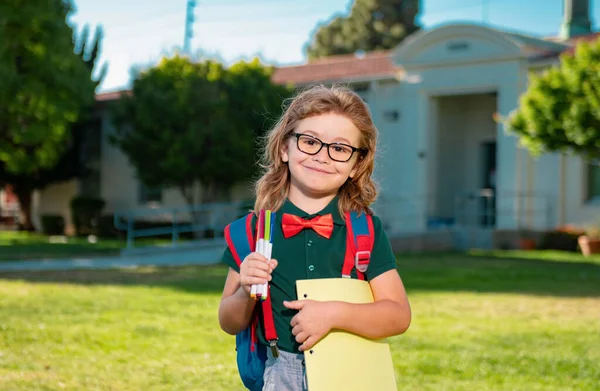 Smiling Little School Student Wit Backpack Book Portrait Happy Young — Stock Photo, Image