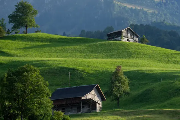 山舒适的老房子 Rustic Charm 阿尔卑斯山逃跑 山之家阿尔卑斯山的一座舒适的木头房子 正在撤退 高山小屋 阿尔卑斯山的复古屋 森林附近的伍登家 — 图库照片