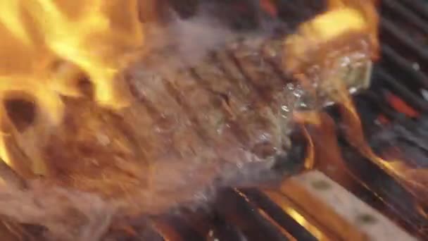烤肉与火 有火焰的烤肉 牛肉牛排用火烤着 肉蒸煮在燃烧的烤架上 在烤肉上烤肉时 用火把烤肉烤熟 上的牛排 — 图库视频影像