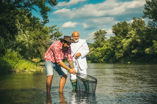 Two Men Friends Fisherman Fishing River Old Father Son Anglers — Stock Photo, Image