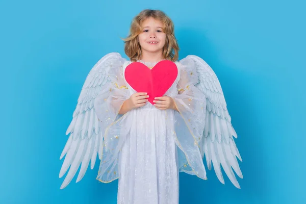 Paper Heart Child Angel Wings Hold Red Heart Heart Symbol — Stock Photo, Image