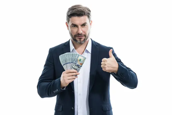 Portret Zakenman Met Cash Dollarbiljetten Een Witte Achtergrond Veel Geluk — Stockfoto
