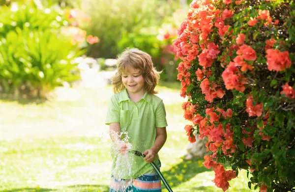 Happy Kid Boy Pours Water Hose Child Watering Flowers Garden — Stock Photo, Image