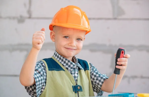 Little Boy Orange Protective Helmet Instruments Renovation Smiling Happy Kids — Stock Photo, Image