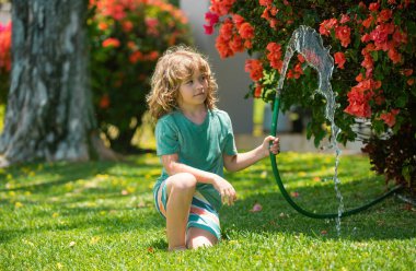 Çocuk ev bahçesinde eğleniyor. Çocuk bahçe hortumunu tutuyor. Hasat zamanı arka bahçede çocuklar için açık hava oyunları.