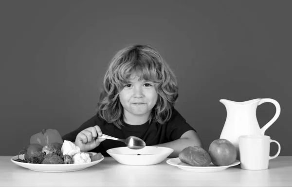 Child Eating Soup Children Eat Breakfast Studio Portrait Small Boy — Stock Photo, Image