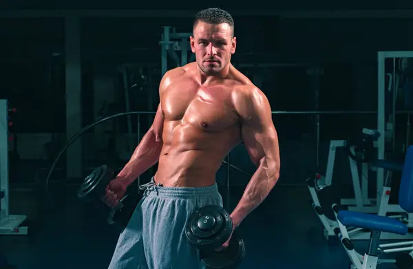 Muskulös Kroppsbyggare Gör Övningar Med Hantlar Gymmet Sportig Livsstil — Stockfoto