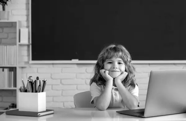 Cute Little School Kid Boy Study Classroom Online Learning Technology — Stock Photo, Image