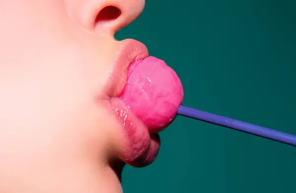 Woman licking lollipop, art banner, red lips with lollipop. Sexy red female mouth and tongue with lolli pop. Art print for design