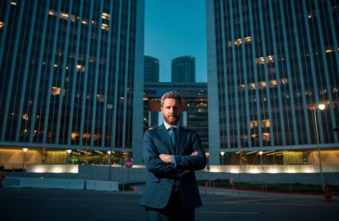 Şehir merkezinde takım elbiseli bir iş adamı. İş merkezi binası