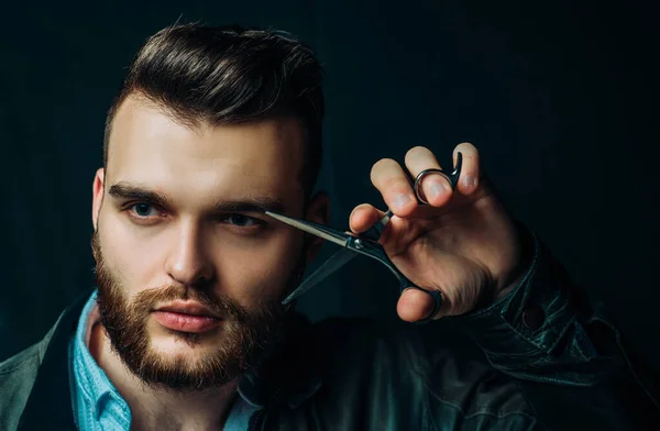 Young Sexy Man Portrait Guy Barber Scissors Barber Shop Modern — Stock Photo, Image