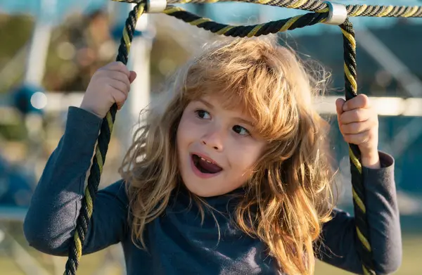 Çocuk ağa tırmanıyor. Çocuk parkındaki bir çocuğun duygusal portresi. Açık hava çocuk aktivitesi
