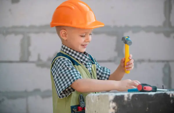 Little Boy Orange Protective Helmet Instruments Renovation Repair Home — Stock Photo, Image