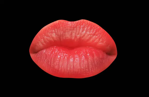Womans lips kiss, close up isolated on black background. Isolated mouth