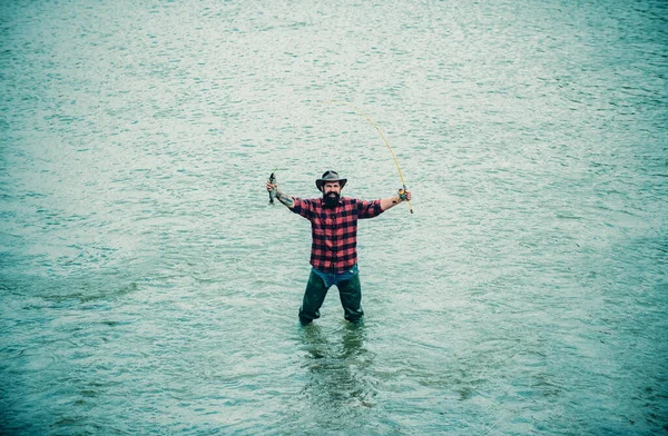 Fisher Man Water Catching Fish Top View Man Fishing Rod — Stock Photo, Image
