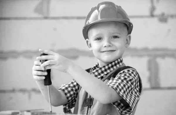Child Building Helmet Hard Hat Child Dressed Workman Builder Portrait — Stock Photo, Image