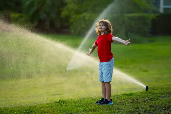 Child playing at summer backyard. Water fun in garden. Kid play with water sprinkler in garden. Funny little boy playing with garden watering hose in yard. Child having fun with spray of water