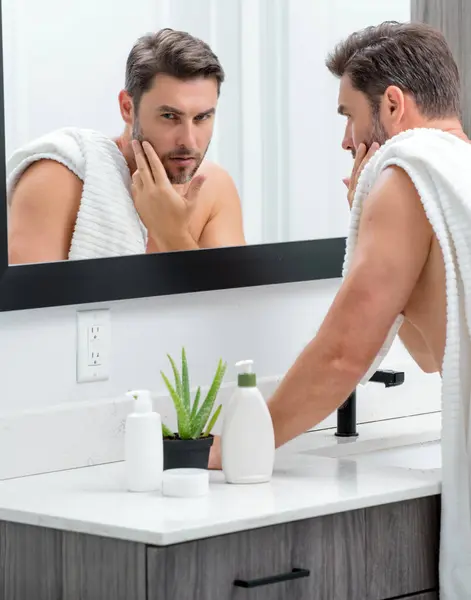 Sexy Sensual Man Perfect Skin Touch Face Shaving Skin Care — Stock Photo, Image
