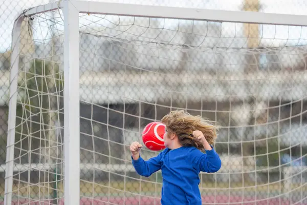 Child Boy Football Soccer Player Action Soccer Stadium Kicking Soccer — Stock Photo, Image