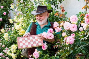 Son sınıf öğrencisi parkta satranç oynuyor. Kıdem ve üçüncü yaş hakkında yaşam tarzı kavramları. Yaşlı büyükbaba emekliliğinin tadını çıkarıyor. Rahat arka bahçede mutlu son sınıflar. Emeklilik yaşam tarzı