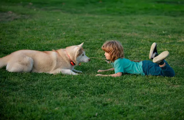 Happy Child Dog Grass Cute Boy Child Dog Relaxing Park — Stock Photo, Image