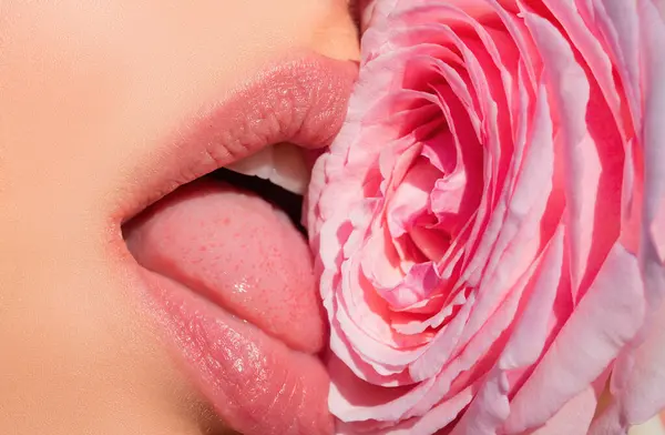 Sexy woman kissing red rose flower. Lips with lipstick closeup. Beautiful woman lips with rose. Girl blowjob with tongue, symbol