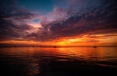 Okyanusta ya da denizde gün batımı, doğa manzarası arka plan, gökyüzünde parlayan güneşe uçan pembe bulutlar. Akşam ya da sabah manzarası