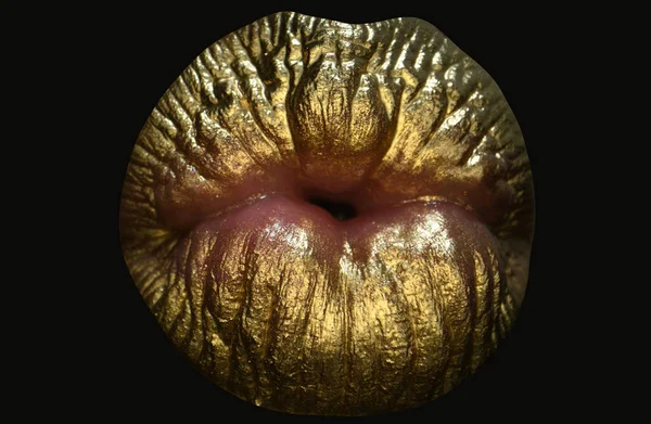 Beijo Dourado Fecho Batom Dourado Lábios Com Maquiagem Metálica Lábios — Fotografia de Stock