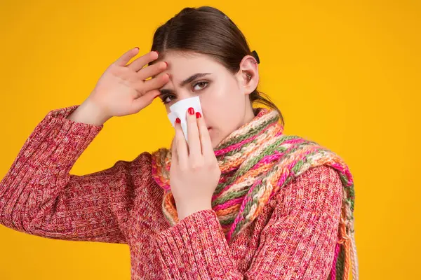 Blow Snot Woman Sweater Scarf Hold Napkin Blow Snot Isolated — Stock Photo, Image