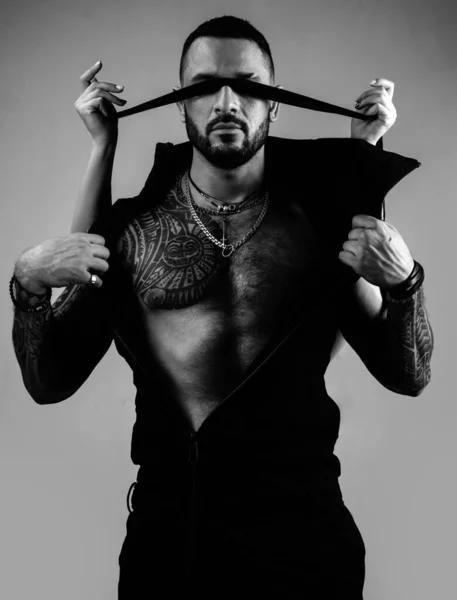 Portrait Handsome Man Ribbon Eyes Trust Concept Muscular Macho Man — Stock Photo, Image
