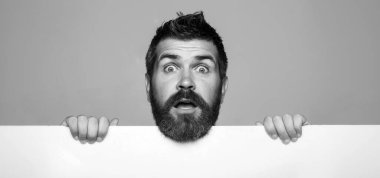 Klasik uzun sakallı sakallı sakallı eşcinsel. Yakışıklı, sakallı, uzun sakallı, bıyıklı, komik suratlı, beyaz panolu, gri arka planda, kopyalama alanı olan yakışıklı bir adam.