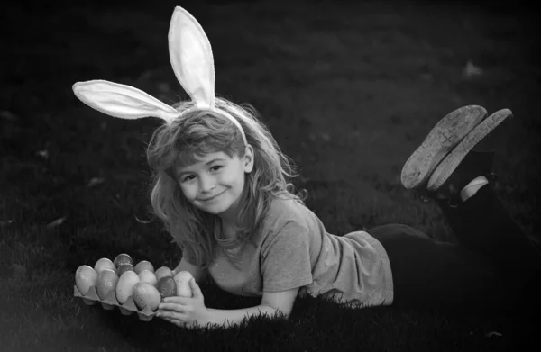 Child Boy Rabbit Costume Bunny Ears Hunting Easter Eggs Spring — Stock Photo, Image