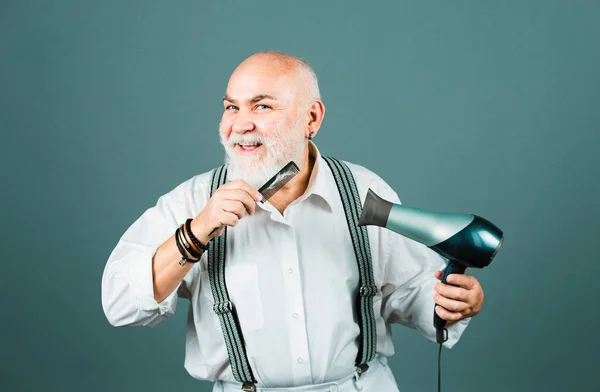 Happy Senior Hairdresser Barber Hair Dryer Comb Drying Beard Moustache — Stock Photo, Image