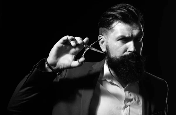Serious Bearded Man Portrait Man Long Beard Moustache Barber Scissors — Stock Photo, Image