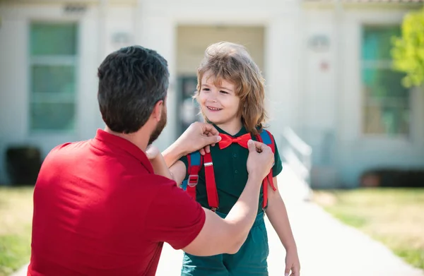 Father Helping Son Ready School Father Supports Motivates Son Kid — Stock Photo, Image