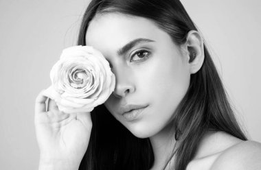 Güllü güzel bir kadının stüdyo portresi. Yüzünde pembe bir gül olan güzel bir kızın yakın plan portresi.