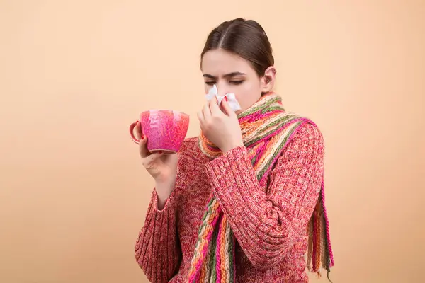 Woman Hold Cup Have Headache Seasonal Allergies Sinus Ache Flu — Stock Photo, Image