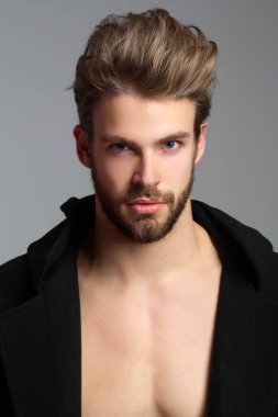 Seksi, çıplak gövde. Güçlü seksi adam, baştan çıkarıcı eşcinsel. Kaslı, üstsüz, çekici bir adam. Seksi manken. Stüdyoda çıplak eşcinsel pozu. Çıplak vücut. Adam seksi görünüyor. Atletik kaslar